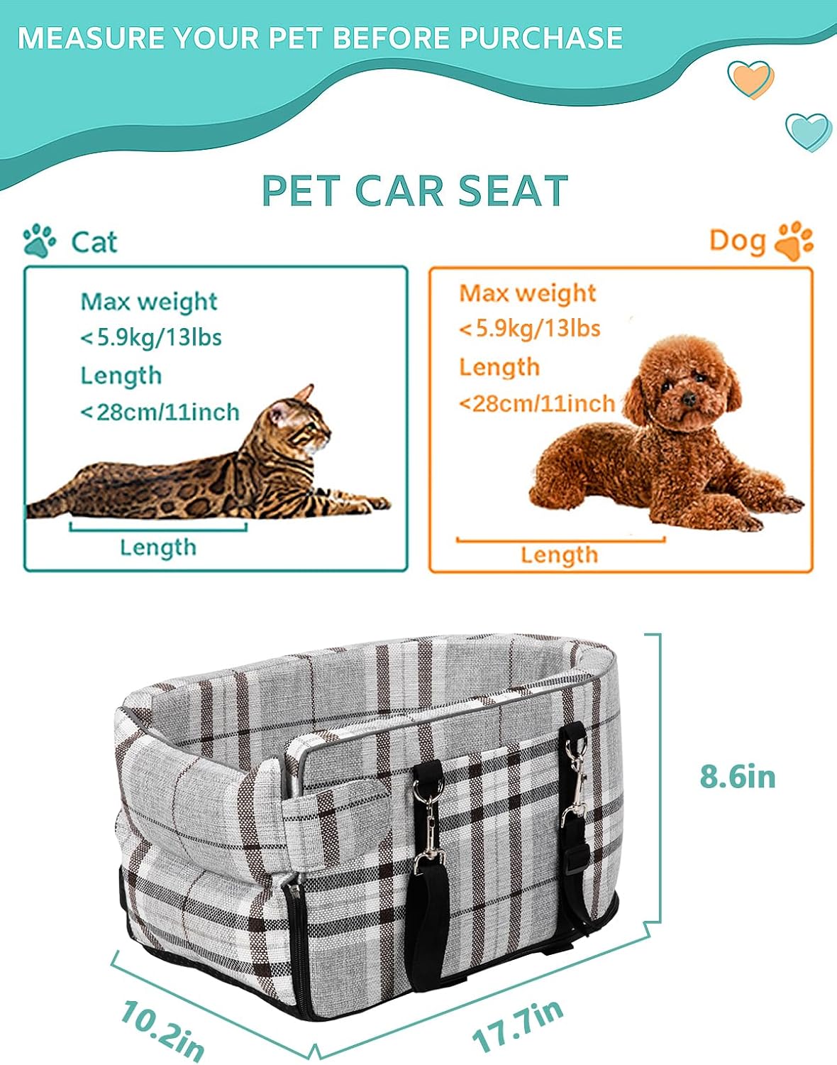 Prpeko Small Dog Car Seat, Portable Dog Seat with Soft Washable Cushion,Center Console Dog Car Seat for Small Dogs Up to 13lbs(Grid Grey)
