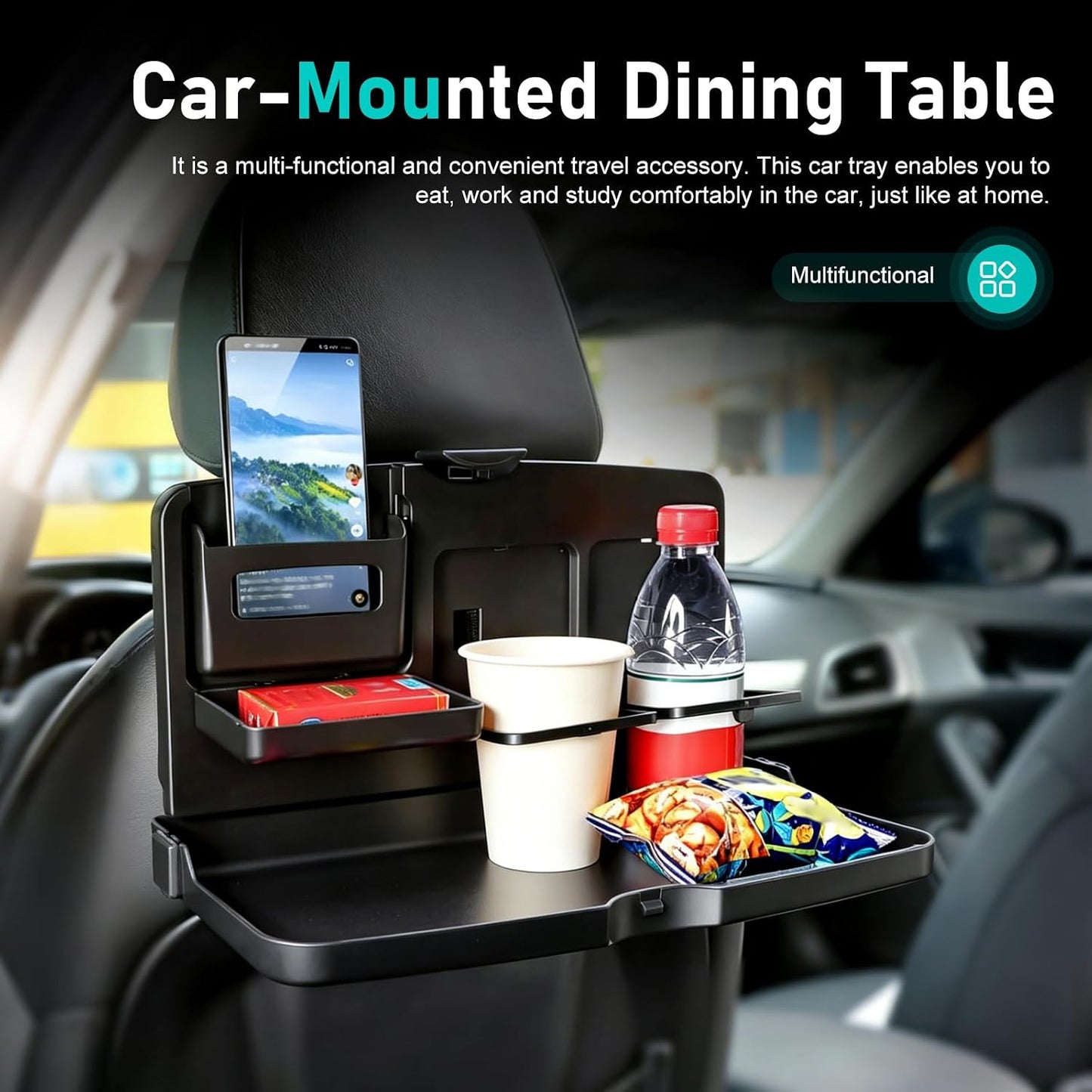 Car Food Tray Holder, Multifunctional Foldable Car Backseat Travel Tray, 13.38" x 7.87" Back Headrest Seat Eating Food Trays, for Food, Meal, Snack, Drinks (Black)