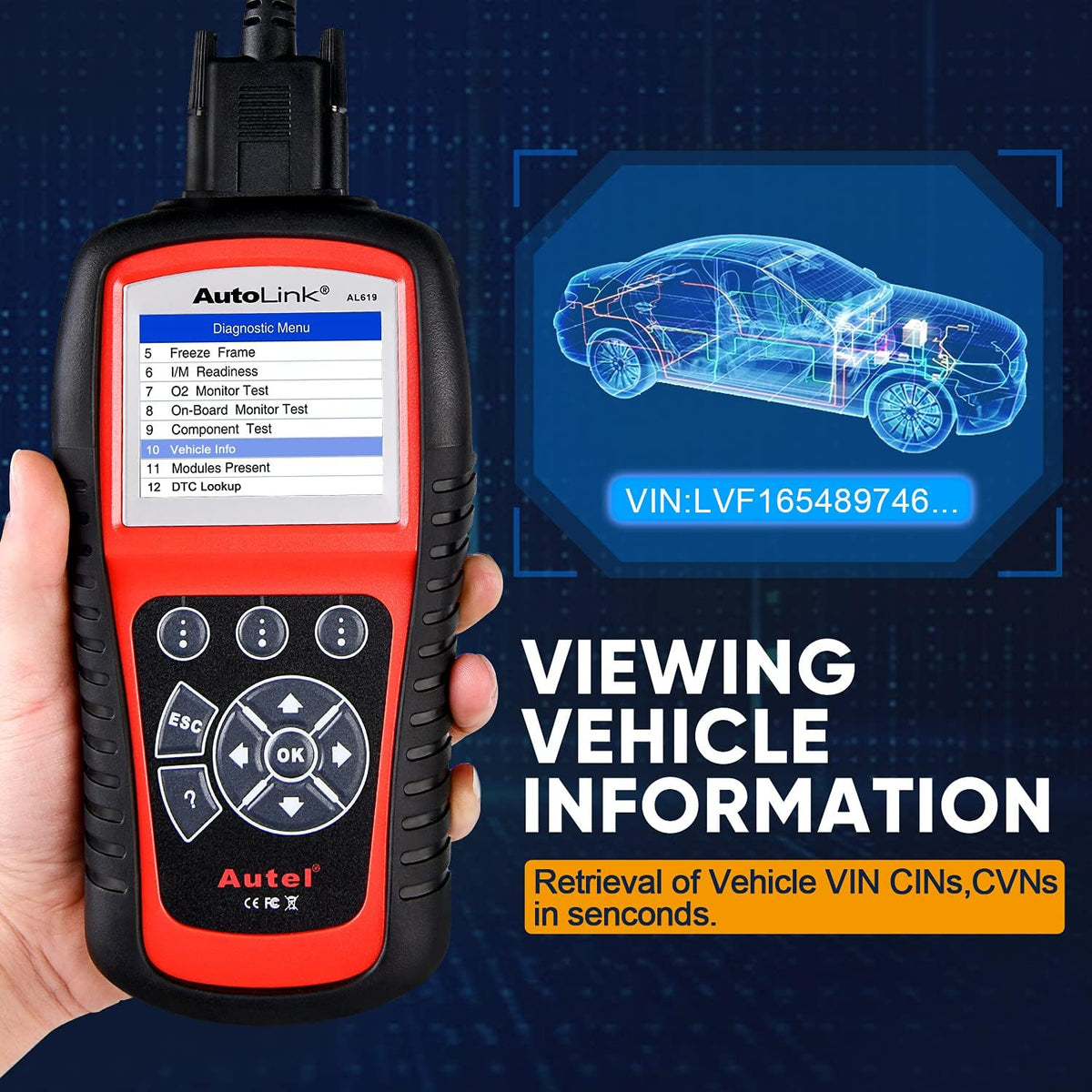 Autel AutoLink AL619 OBD2 Scanner, ABS SRS Warning Light Diagnostic Tool