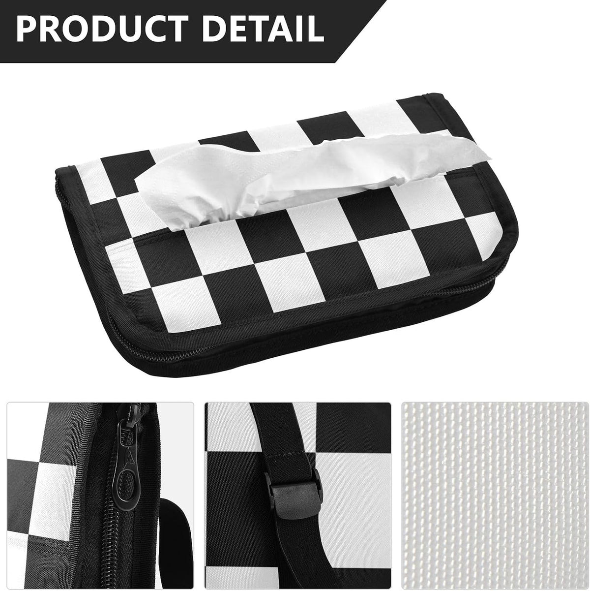 Car Tissue Holder Napkin Box Dispenser Storage Case Sun Visor Mask Holder With Adjustable Straps Reusable Refillable Checkered Black and White