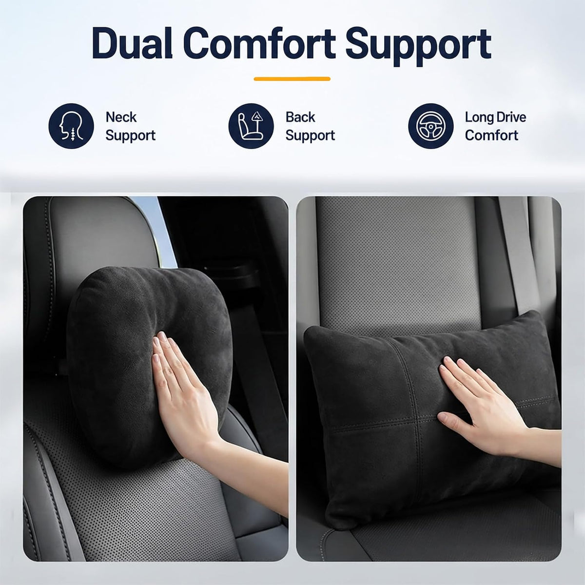 2 PCS Car Pillow for Driving Seat Soft Suede Headrest Neck & Lumbar Support
