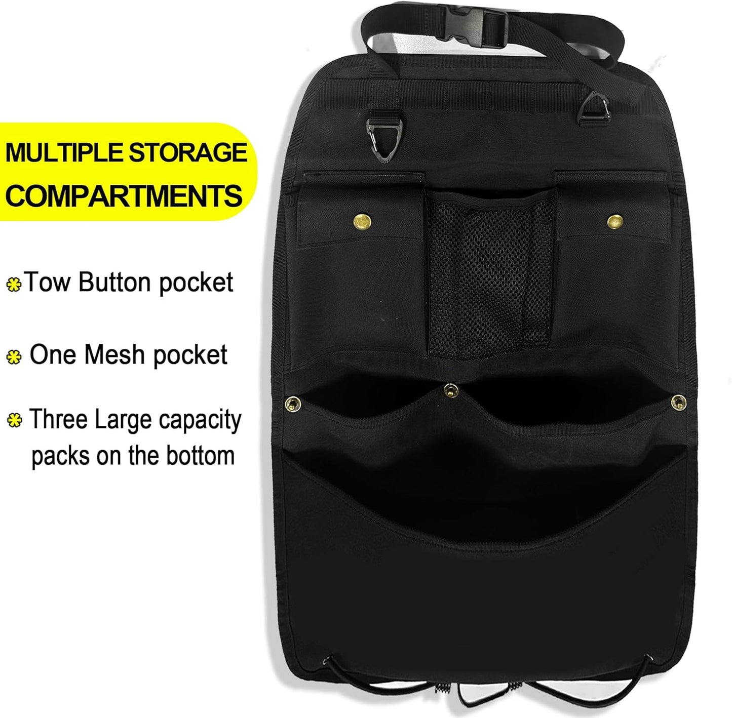 Black Car Seat Back Organizer with Multiple Pockets and Hooks