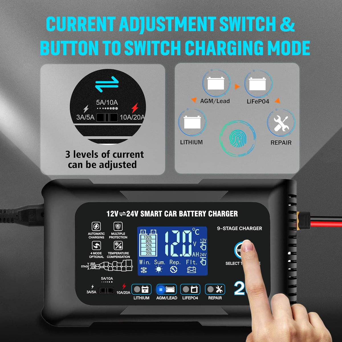 20A Car Battery Charger, 12/24V Smart Trickle Charger & Maintainer