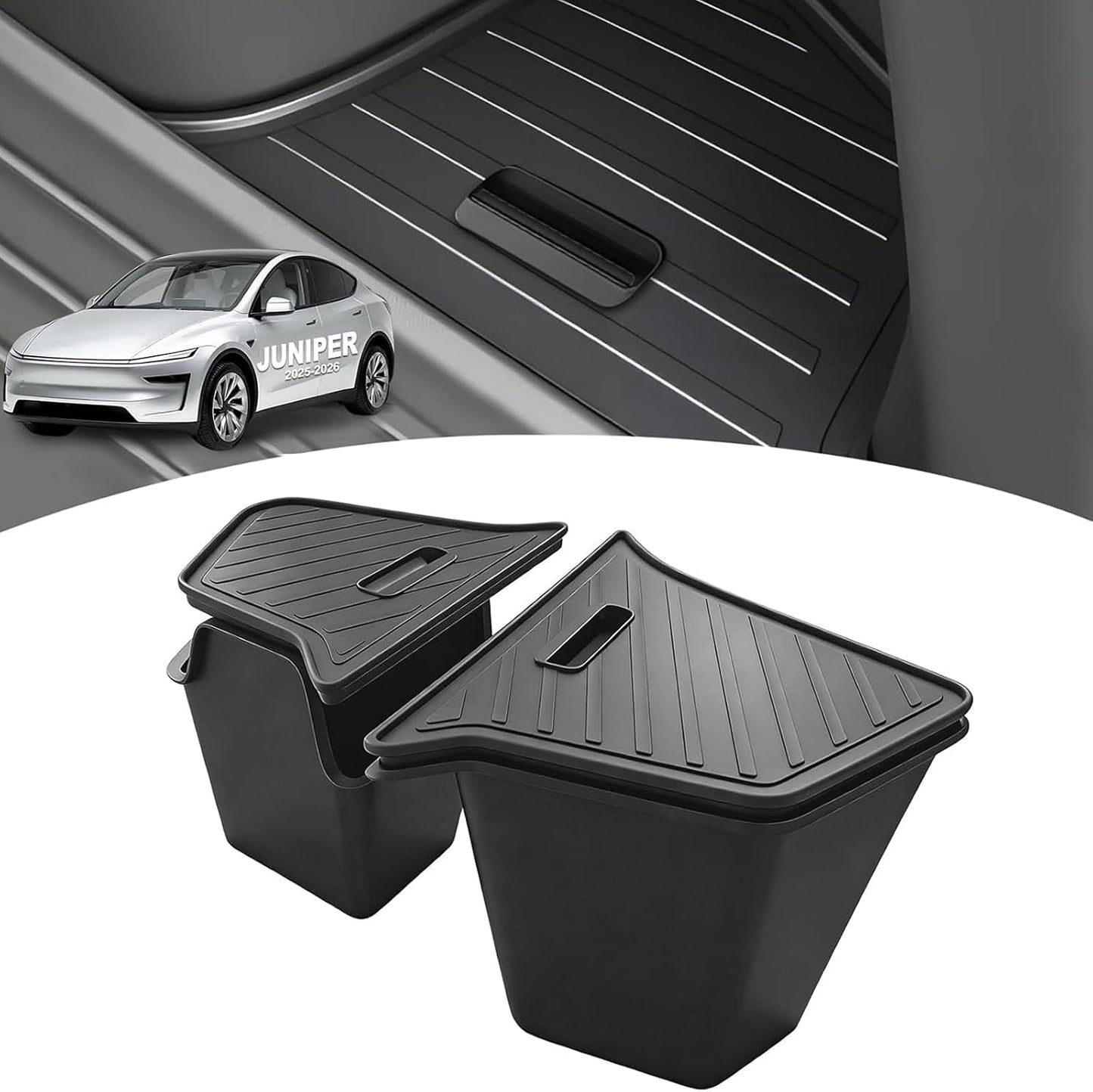 Trunk Storage Bins with Lids Custom Fit 2025 2026 Tesla Model Y Juniper 5 Seater, 2PCS Waterproof TPE Rear Side Cargo Organizer Boxes with Anti-Slip ABS Covers, Black