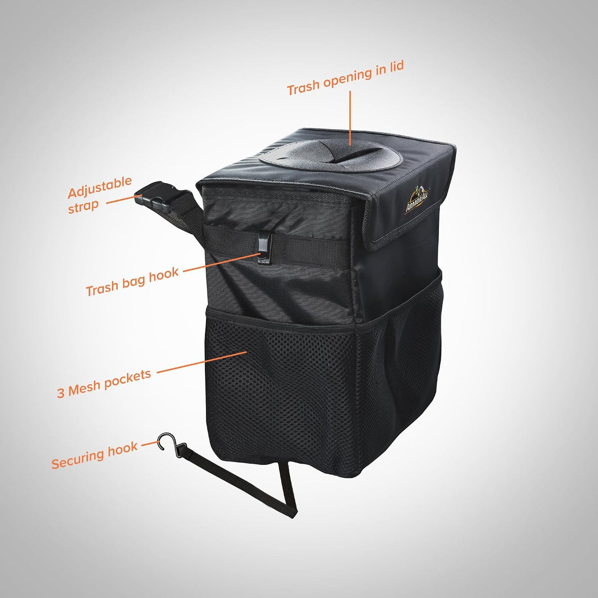 Armor All Car Trash Can & Organizer, 2.63 Gallon Waterproof Covered Garbage Bin, 3 Mesh Pockets, Collapsible for Easy Storage, Adjustable Strap & Hook for Backseat Hanging, 9.5” L x 6.25” D x 10.25” H