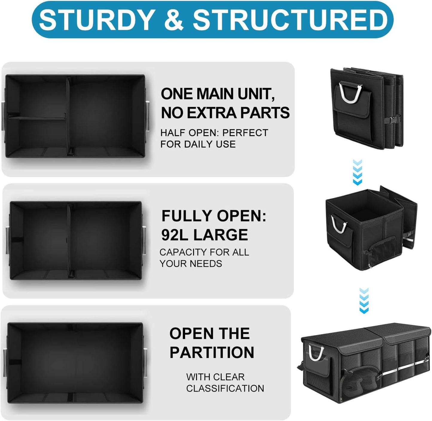 92L Large Collapsible Trunk SUV Organizer with Cover | 1680D Oxford Car Cargo Storage with Dividers, 4 Mesh Pockets, Reflective Strip, and Waterproof bag for Groceries and Wet Gear