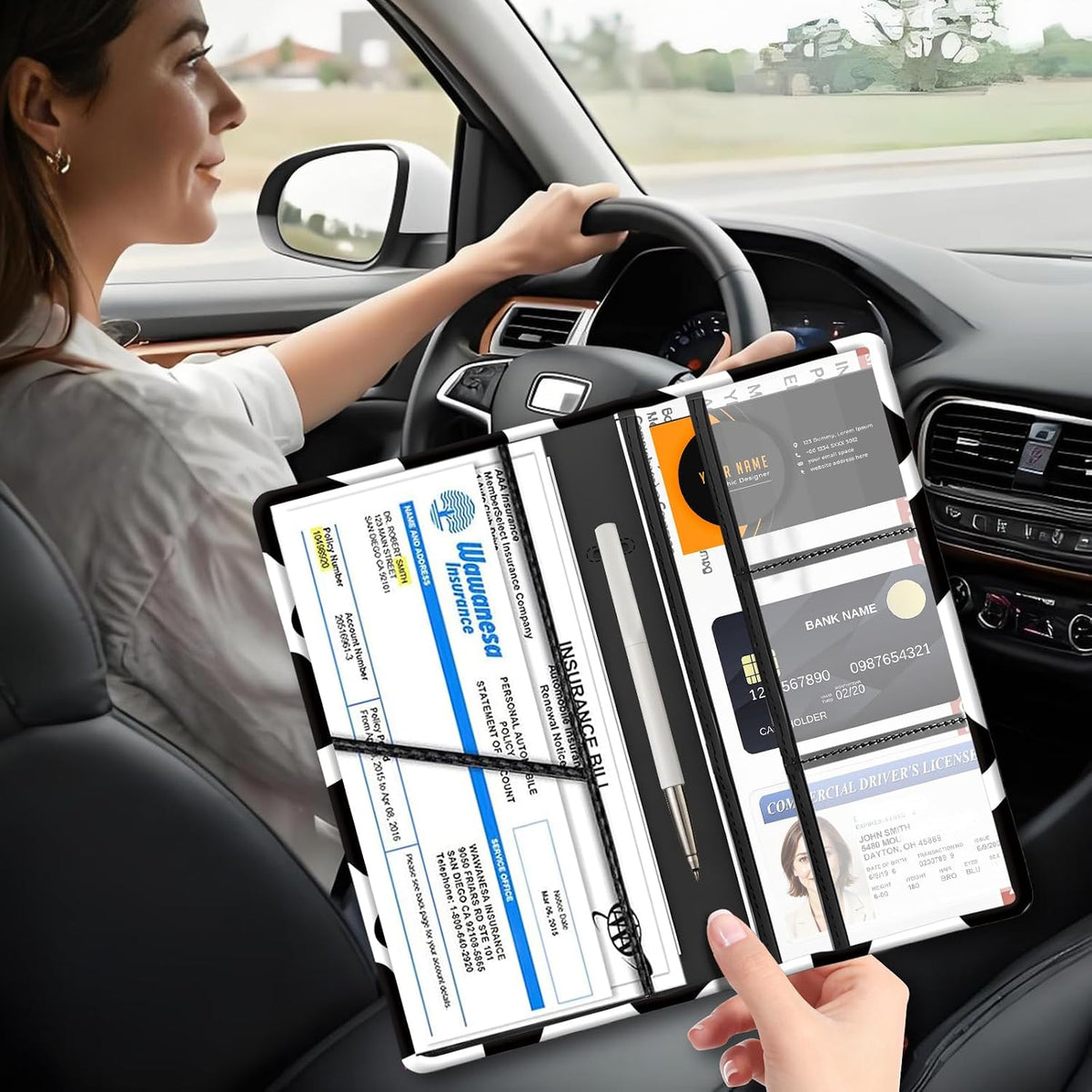 Car Registration and Insurance Holder with Magnetic Shut, Cute Vehicle Glove Box Car Organizer, Premium Interior Car Accessories for Women Men Black White Cowhide