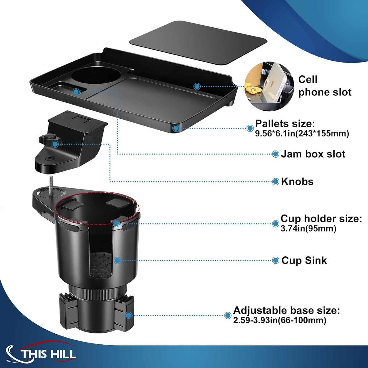 This Hill Cup Holder Tray for Car, 2 in 1 Detachable Car Food Table Tray with Solid Base & Phone Slot,Car Cup Holder Expander with 360°Rotation Tray for Travel Road Essentials