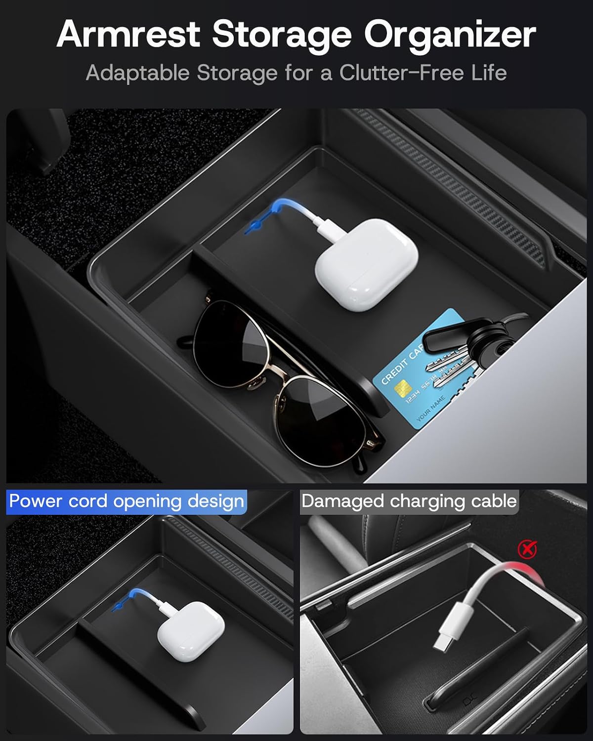 Center Console Organizer Tray for Tesla Model Y Juniper 2026 2025 (Premium &amp; Performance), 8PCS - PC Material &amp; Silent Silicone Armrest Storage Box Bottom Liners Wireless Charging Pad Cup Holder