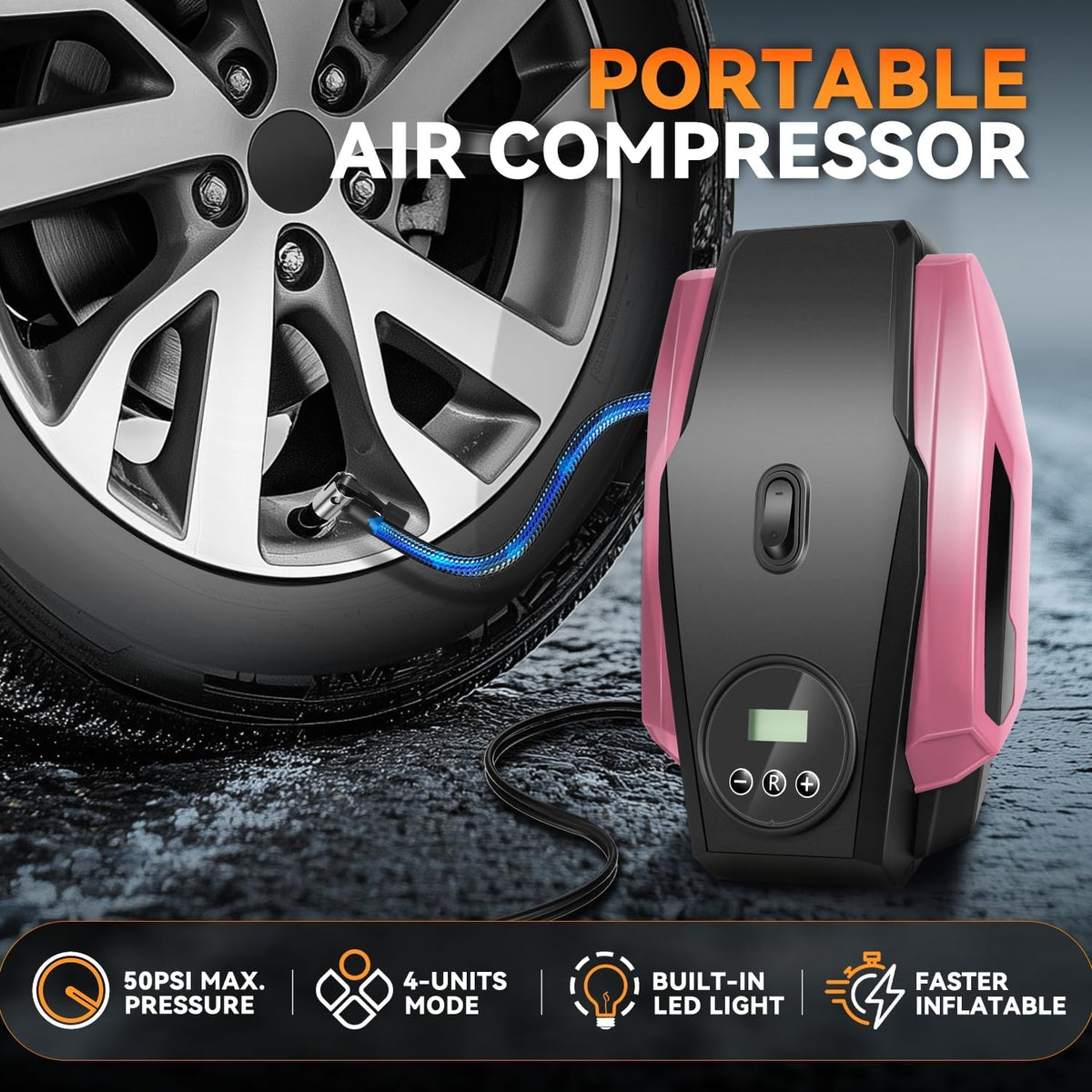 Auto Dynasty 12V DC Emergency Tire Inflator for Car – Portable Air Compressor with Preset Pressure Shut-Off & LED Light, Digital Gauge for Sedan, Motorcycle, Bike Tires & Sports Balls (Pink)