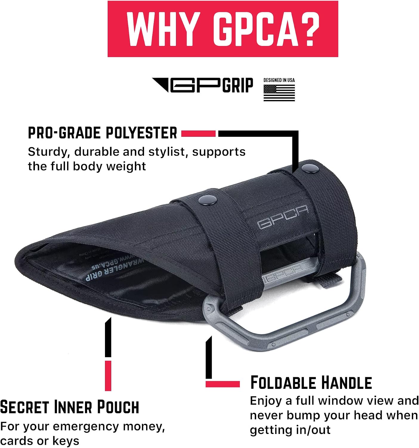 GPCA - GP Grip LITE Grab Handle, Aluminum Metal Patented Roll Bar for Jeep Wrangler 4xe, JL, JT, JK, Sport, Sahara and Rubicon 4DR/2DR 2007-2023, 1 Pair, Metallic