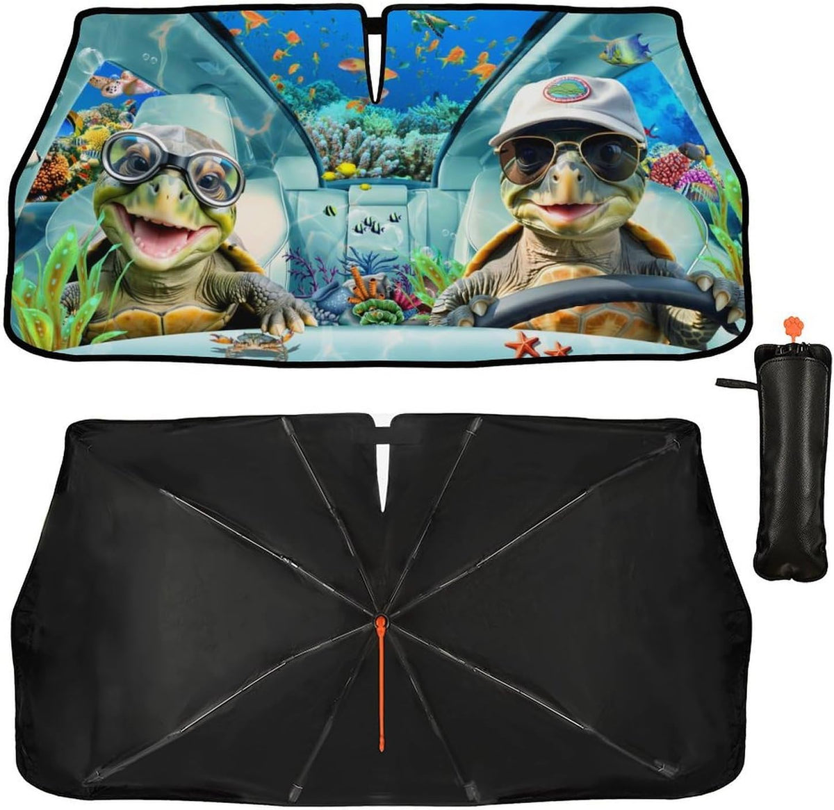 CHILL·TEK Print Turtle Windshield Sun Shade Funny Turtle Sun Shade for Car Front Window Block UV Rays Foldable Umbrella Windshield Sun Visor Protector Keep Vehicle Cool for Most Vehicles