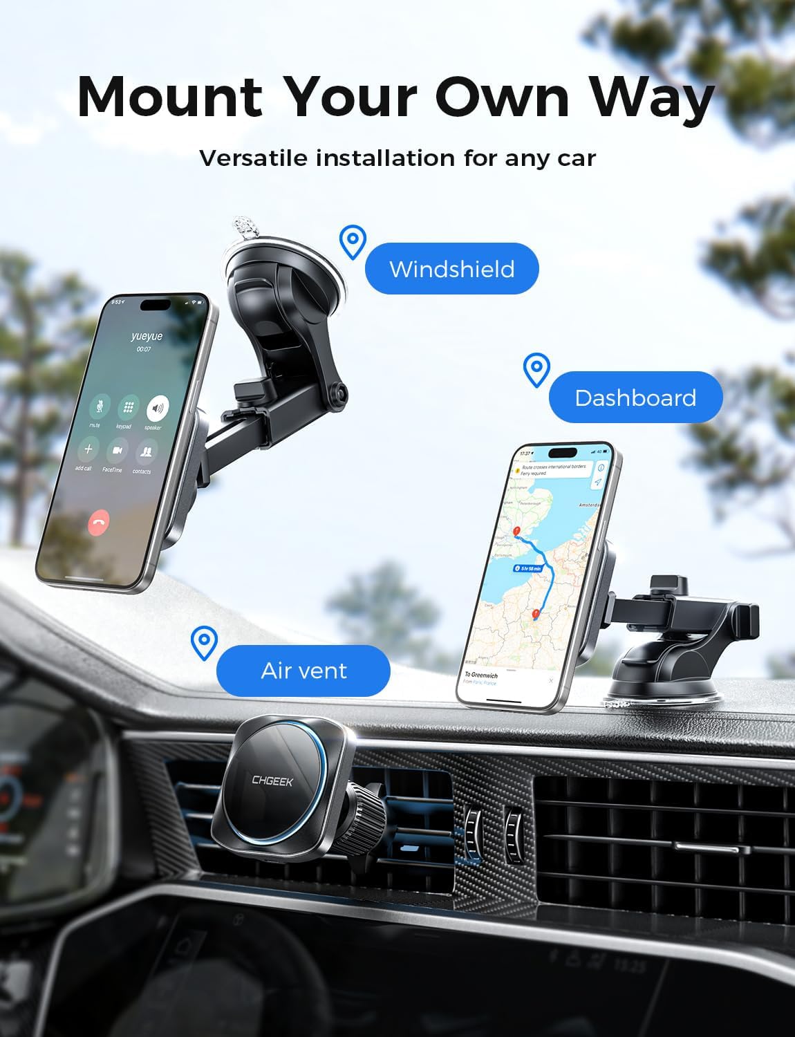 Chgeek for Magsafe Car Mount Charger, 15W Fast Charging Car Phone Holder
