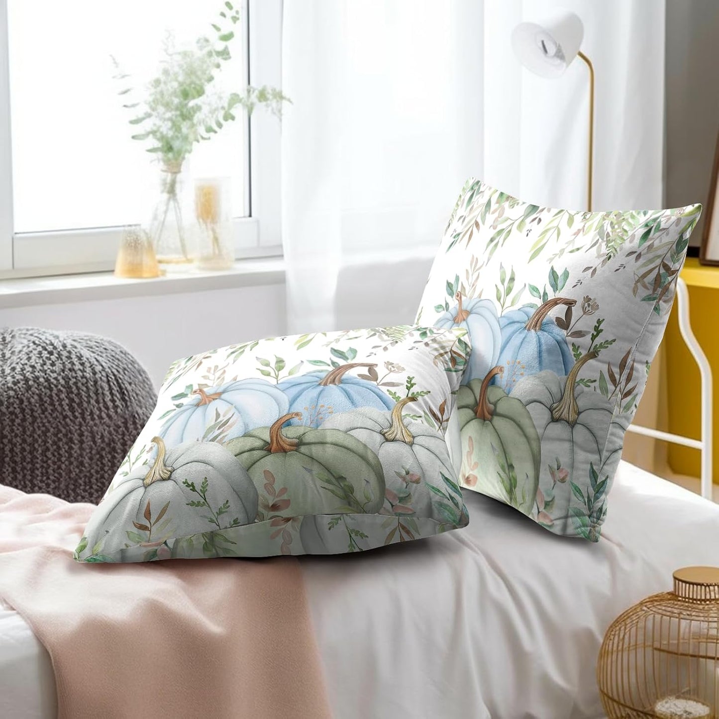 Giwawa Fall Blue Pumpkin Throw Pillow Covers 16x16 Inch Autumn Harvest Cotton Cushion Cases Set of 2 Holiday Couch Cover for Sofa Home Living Room