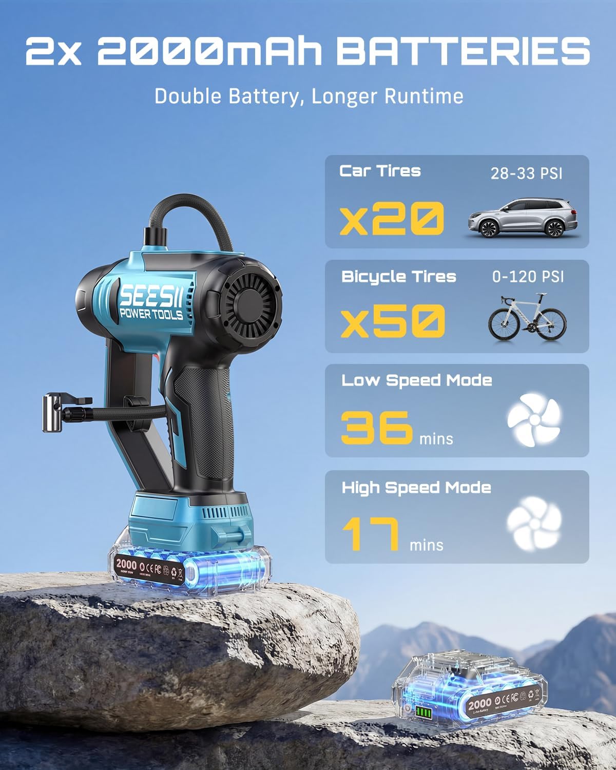 SEESII 3-in-1 Cordless Tire Inflator Air Compressor Car Vacuum & LED Light