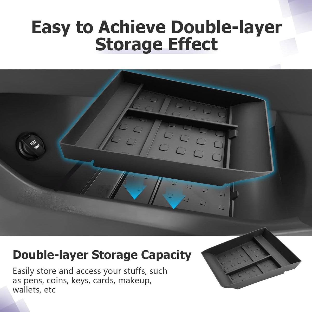 LUWU Lower Center Console Tray Storage Box for 2024 2025 2026 Hyundai Santa Fe SE/SEL/XRT/Limited/Calligraphy Accessories Armrest Console Organizer TPE Material 2025 2026 Santa Fe Accessories Black