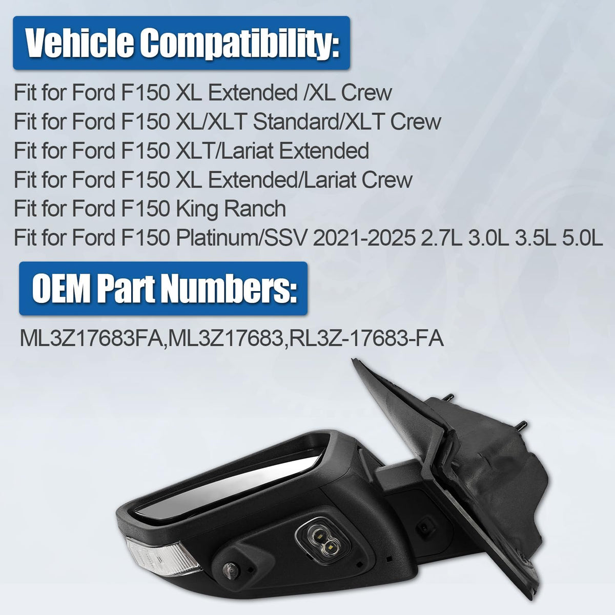 ML3Z17683FA Left Mirror w/Camera Fit For Ford F150 2021-2023