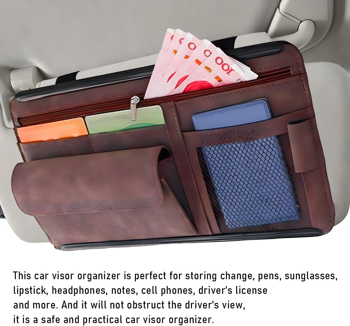 Yourkar Car Sun Visor Organizer, Soft Leather Surface Eyeglasses Note Card Holder Car Storage Bag, Scratch-Resistant Waterproof Auto Sunshade Organizer Bag, Car Accessories (Brown)
