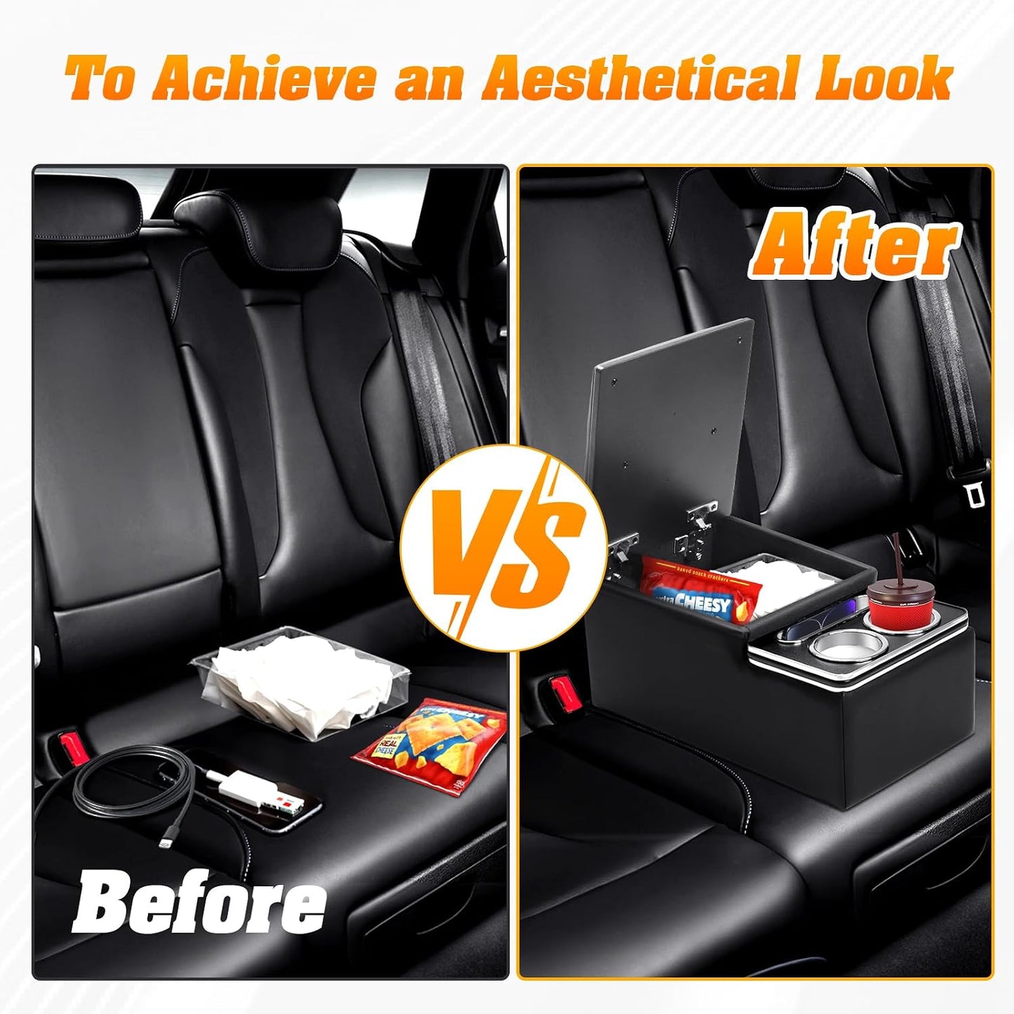 Upgraded Bench Seat Center Console with Cup Holder & Phone Holder, Universal Car Armrest Storage Box Organizer for Truck & Van & SUV Automotive Central Console for Back Bench Seat