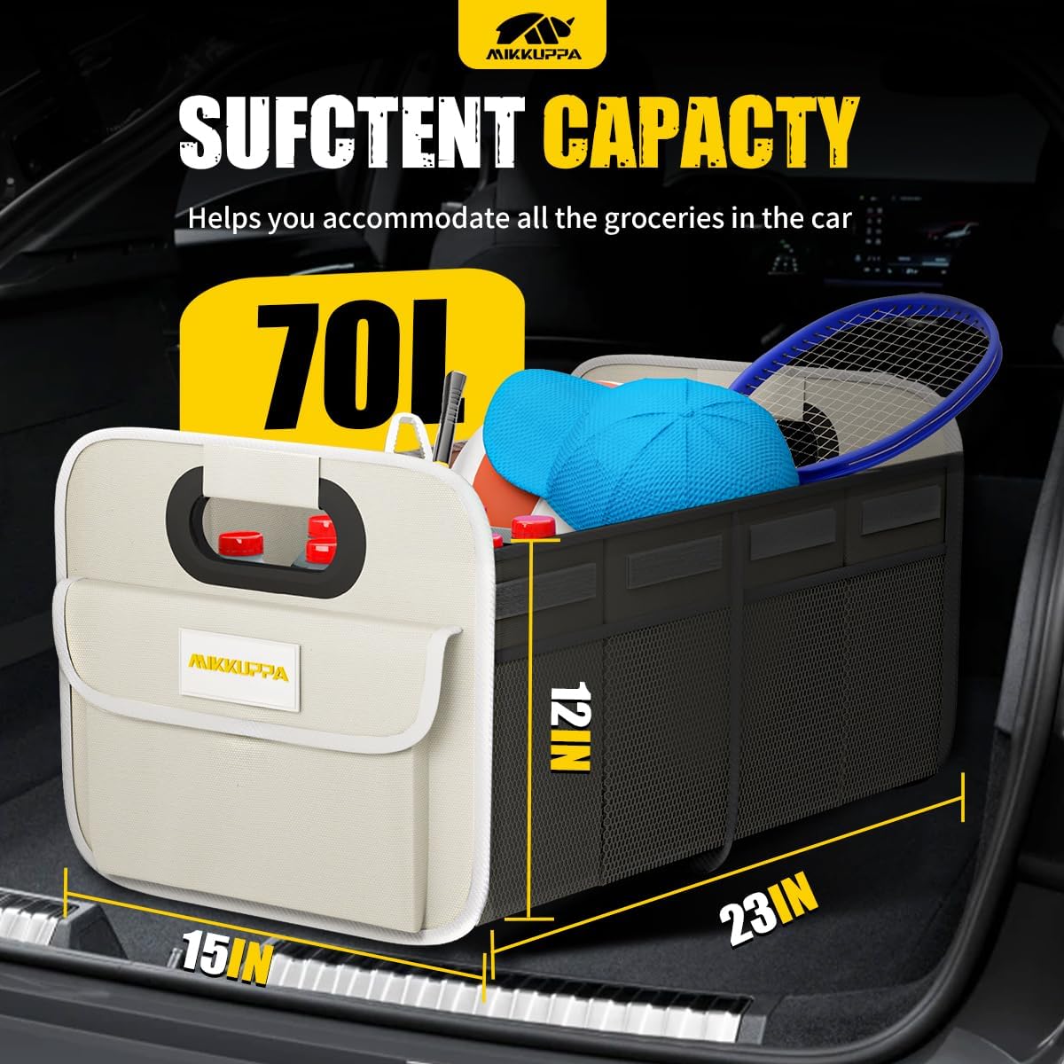 MIKKUPPA Car Trunk Organizer - 70L Collapsible Trunk Organizer with Reinforced Handles for Groceries, Car Storage Organizers for SUV Auto Truck Van with Non Slip Bottom (White)