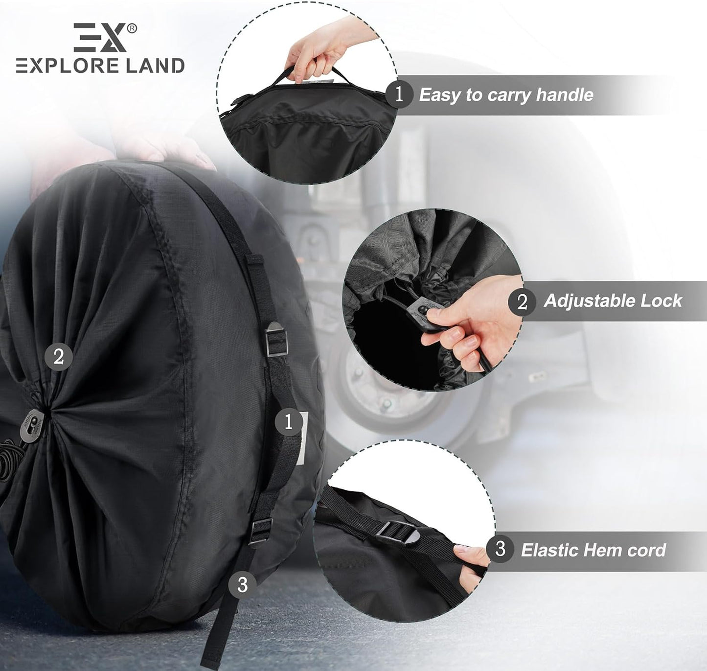 Explore Land Seasonal Tire Cover - Spare Tire Bag with Handle, Heavy Duty Winter Wheel Storage Tote Against Dust and Scratches, 4 Pack (Fits Diameters 26''-28.75'', Black)