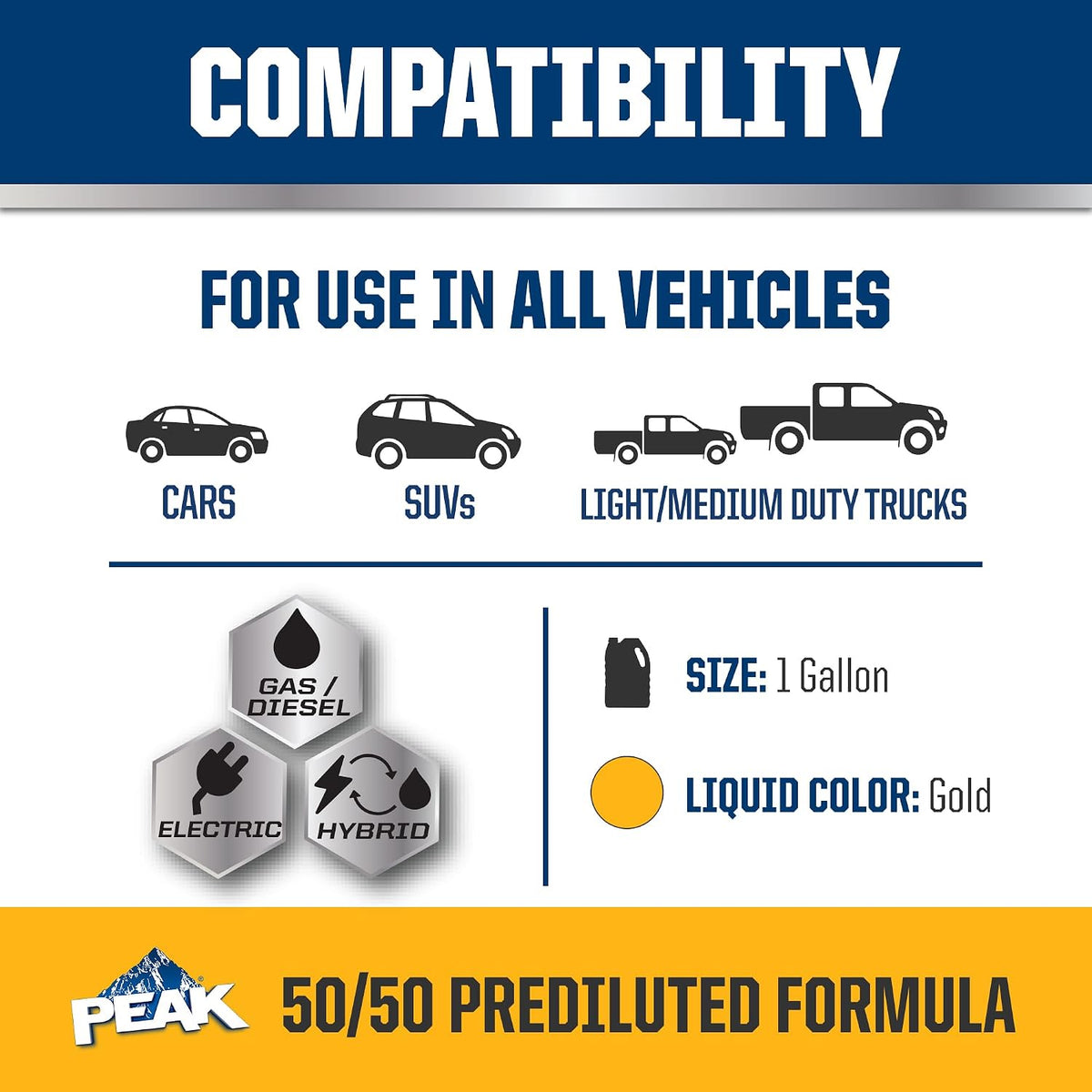 PEAK OET Extended Life Gold 50/50 Prediluted Antifreeze/Coolant for North American Vehicles, 1 Gal.