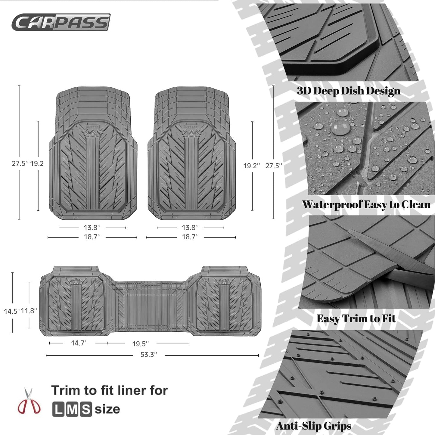CAR PASS Heavy Rubber Car Floor Mats, Deep Waterproof Car Mats All Weather, Universal Trim-to Fit Automotive Floor Mats for Car SUV Truck Van, Durable Floor Liners (All Gray)