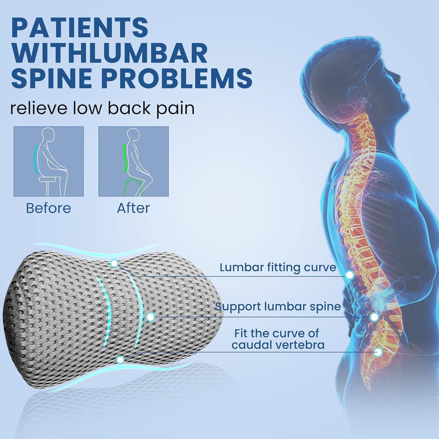 Ergonomic Pillow, Memory Foam Waist Pillow, Bed Pillow, Ergonomic Design That fits The Spine, reshape Your Comfortable Sitting Posture