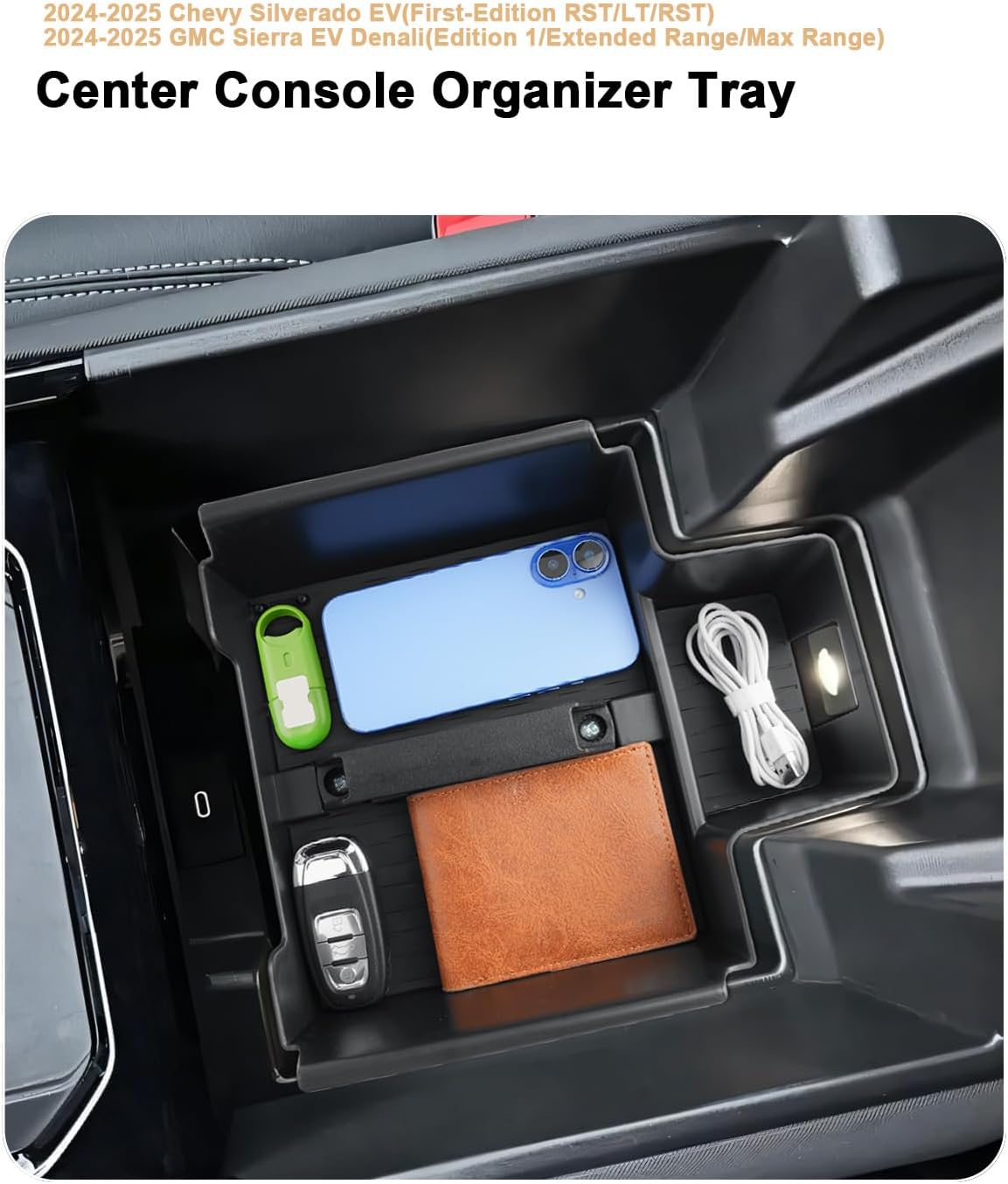 ECOZEN Lower Center Console Organizer For 2024-2026 Chevy Silverado EV/2024-2026 GMC Sierra EV Accessories - Armrest Storage Box With Handle For Silverado EV WT & Sierra EV Denali - Not For ICE Trim