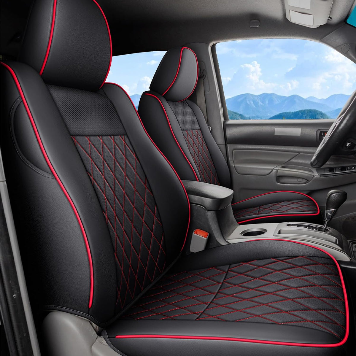 Coverado Tacoma Seat Covers, Car Seat Covers Front Seats, Leather Seat Covers for Cars Car Seat Protector Cushion Tacoma Accessories Custom Fit 2005-2023 Toyota Tacoma Double/Crew Cab(Red)