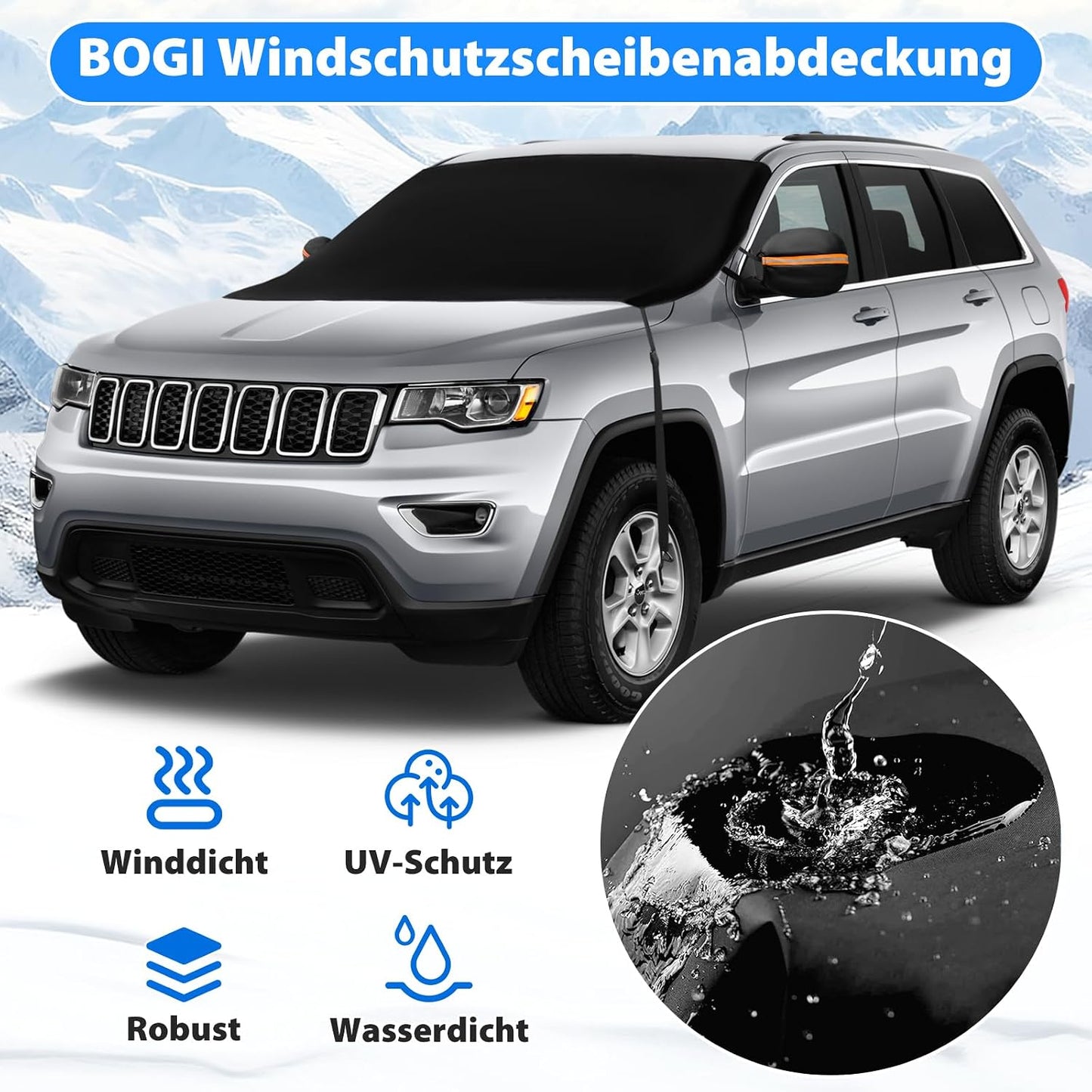 BOGI Windshield Cover for Ice and Snow, Heavy Duty 600D Windshield Snow Cover with 2 Mirror Covers Waterproof Car Cover for Snow Windshield Protector for Cars, SUVs, Trucks (77"x47")