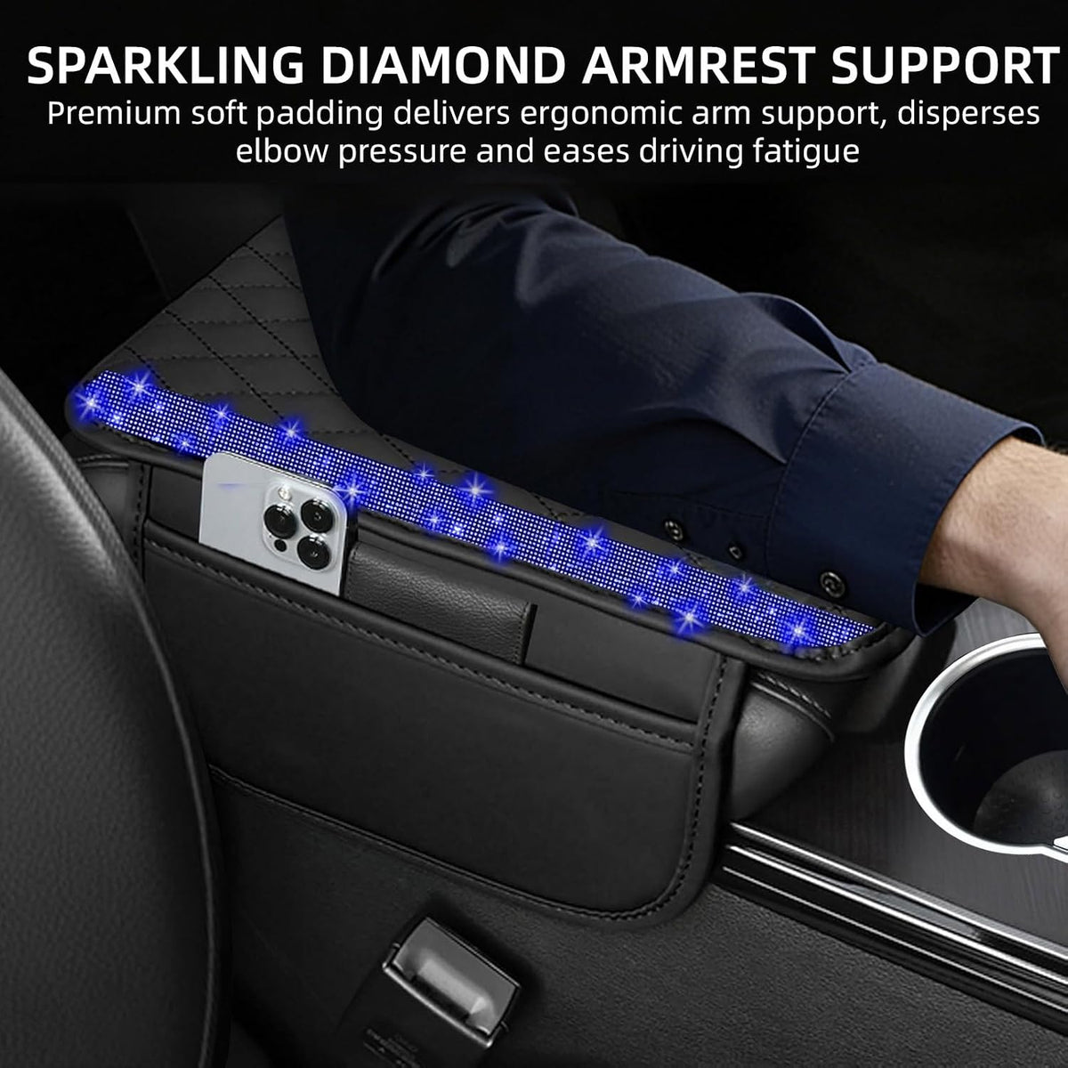NBTEPEM Bling Car Center Console Cover, Leather Car Arm Rest Cover Cushion with 2 Storage Bags, Middle Console Cover Universal Armrest Protector Pads, Bling Accessories for Most Vehicles (Blue)