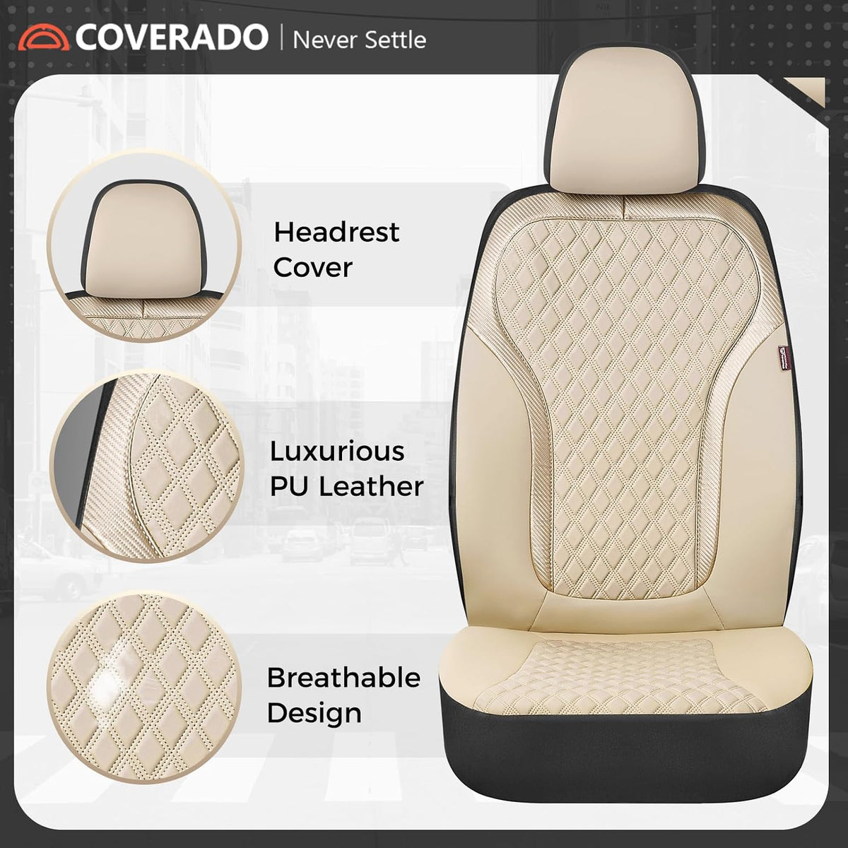 Coverado Front Seat Covers, 2-Pack Luxury Leather Car Seat Cover with Carbon Fiber Weave, Waterproof Car Seat Protectors, Spill-Proof Car Seat Cushion, Beige Seat Covers Universal Fit for Most Cars
