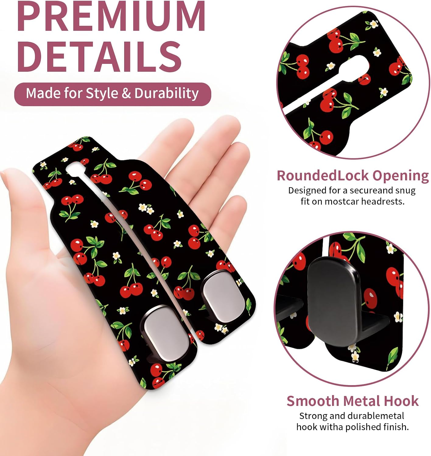 Car Seat Back Storage Hook, Funny Car Purse Hook, Cute Vehicle Storage Organizer for Purses Handbags Black Red Cherry