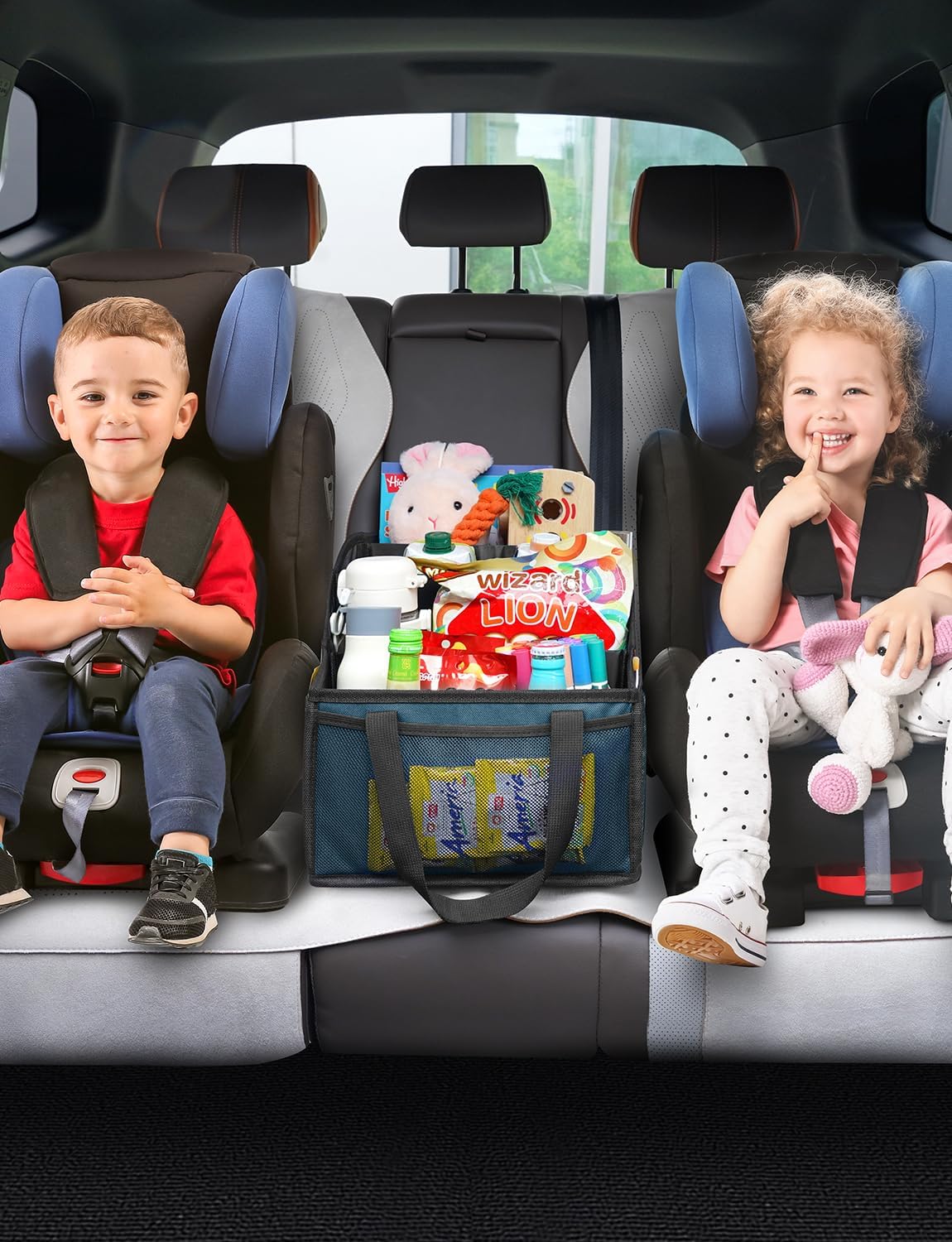 YOHOOLYO Car Seat Organizer Backseat Car Organizer with 4 Compartments, 4 Cup Holders and 7 Mesh Pockets for Front and Rear Seat, Blue