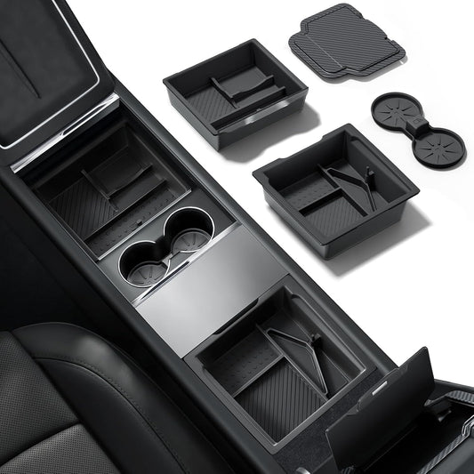 REEVAA 4-in-1 Center Console Organizer Set for Tesla Model Y Juniper & Model 3 Highland 2024/2025/2026, [Maximize Space, Zero Interference], Storage Trays with Odorless Pure Silicone Liners, Black