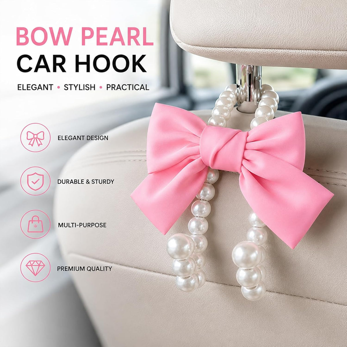 4 Pcs Satin Bow Pearl Car Seat Headrest Hook Cute Car Accessories for Women Coquette Bowknot Vehicle Hooks for Purses and Bags Universal for SUV, Sedan, Truck (Pink)