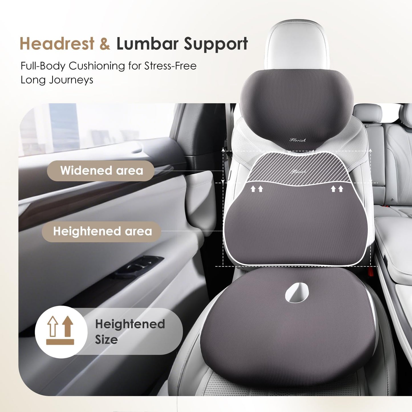 FLORICH Car Seat Cushion & Lumbar Support Pillow & Car Neck Pillow, Ergonomic Memory Foam Driving Seat Cushion for Back & Sciatica Pain Relief, Non-Slip Washable Cushion for Car, Driver, Office-Gray