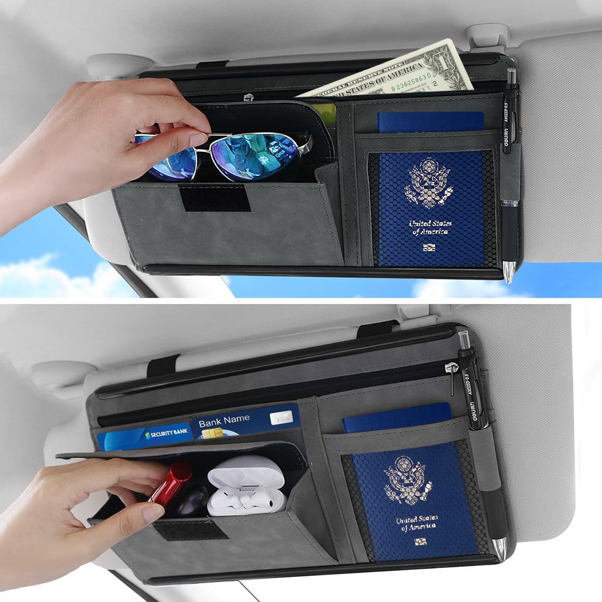 Sun Visor Organizer, Multi-Pocket Auto Visor Organizer for Car, SUV and Truck, Card Holder Glasses Holder for Car Interior Accessories Car Organizers And Storage, Gray