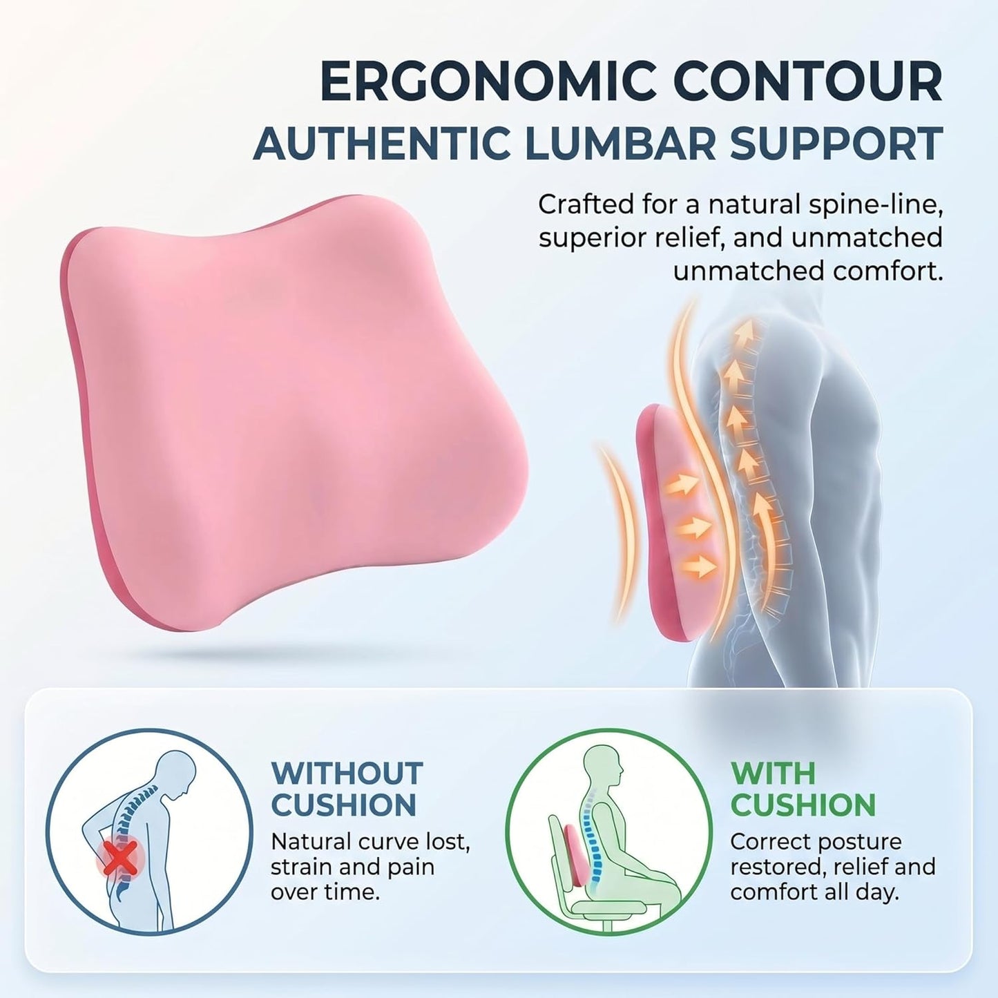 Lumbar Support Pillow, Ergonomic Memory Foam Back Cushion for Car Office Chair Gaming Chair, Washable Cool-Touch Cover for Lower Back Support (Pink)