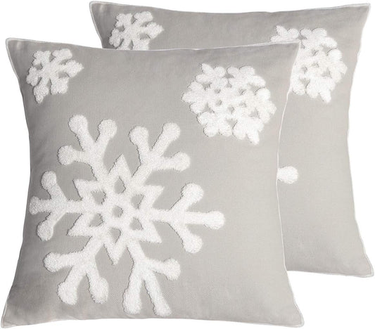 18x18,Cotton Christmas Blessing Throw Pillow Cover for Bed Sofa Cushion Car Snowflake Embroideried Pillowcases,1pair Grey