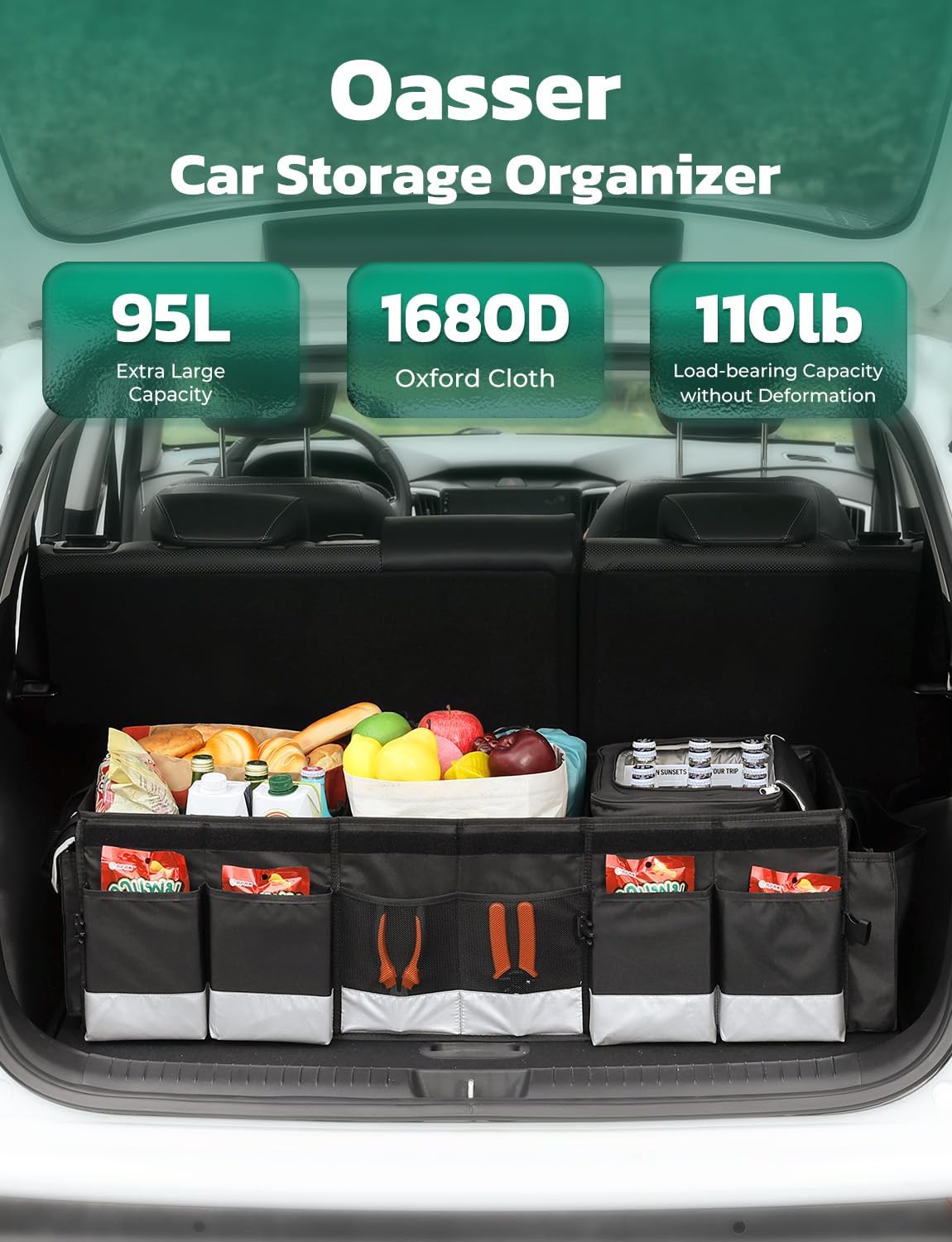 Oasser Trunk Organizer with Cooler Bag 95L, Bearing 110lb No Deformation, Collapsible with Multi Compartments, Removable Insulated Bag, Foldable Lid, Non Slip Bottom, 2 Adjustable Straps (Black&Grey)