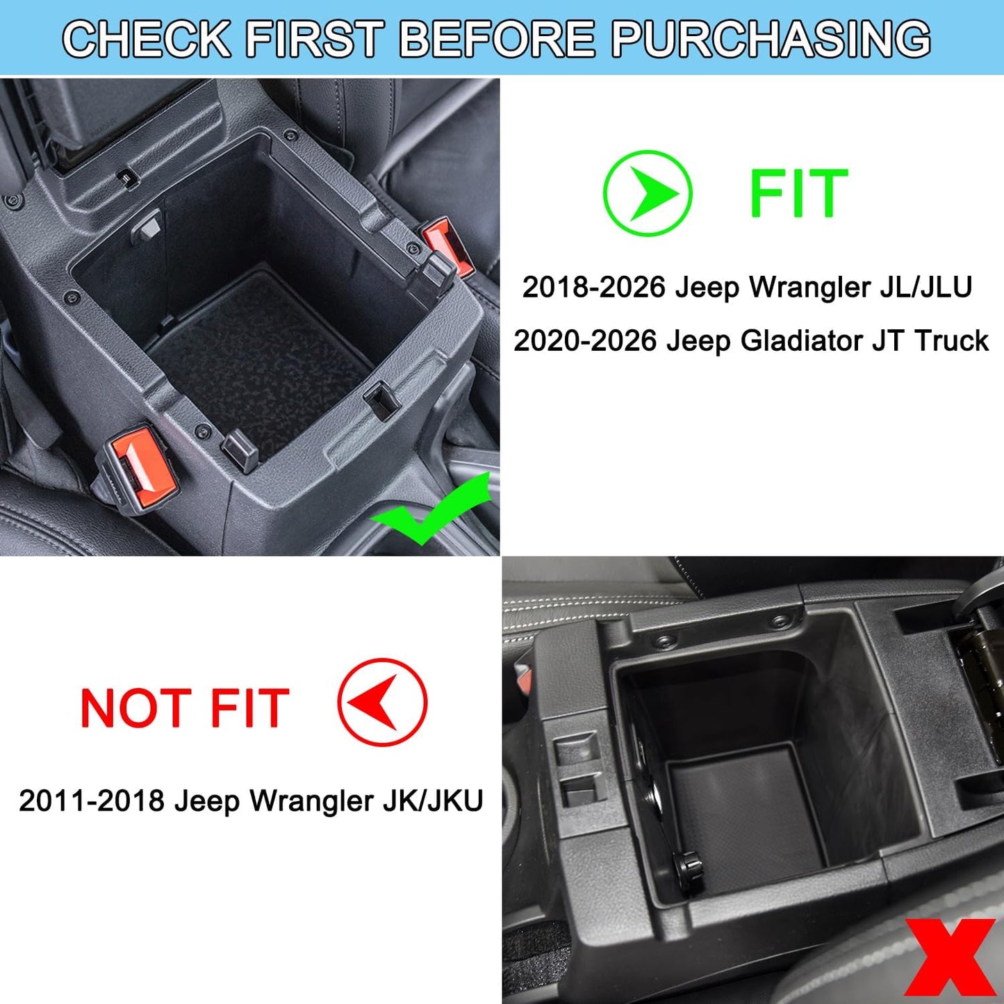 PIMCAR Center Console Organizer for Jeep Wrangler JL/JLU (2018-2026) & Gladiator JT (2020-2026) | Armrest Storage Tray | Interior Accessories (Not for JK/JKU) | Black Liner Trim