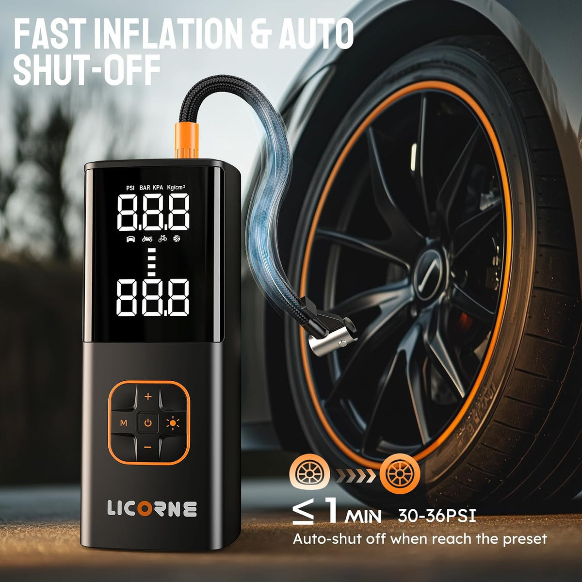LICORNE Tire Inflator 5x 180 PSI cordless inflator with digital pressure
