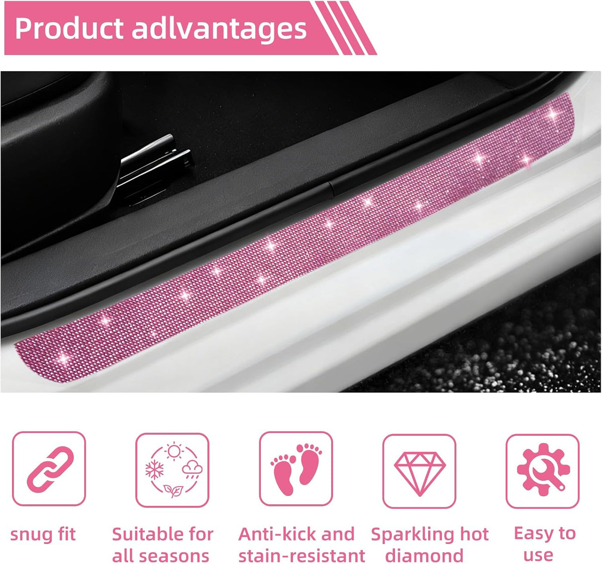 NETEPEM Bling Car Door Sill Protector 2PCS Car Door Edge Guard Rhinestones Door Threshold Protection 23.62x1.96 inch Anti-Scratch Strip Sticker Universal Bling Car Accessories(Pink)