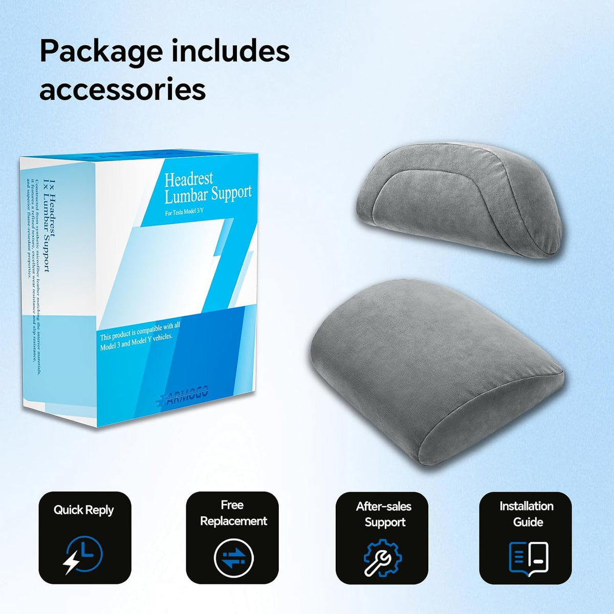Farmogo Car Headrest Pillow & Lumbar Support Pillow Set for Tesla Model 3/Y/S/X Accessories, Suede Memory Foam Neck & Back Support, Removable Washable Cover - 2PCS