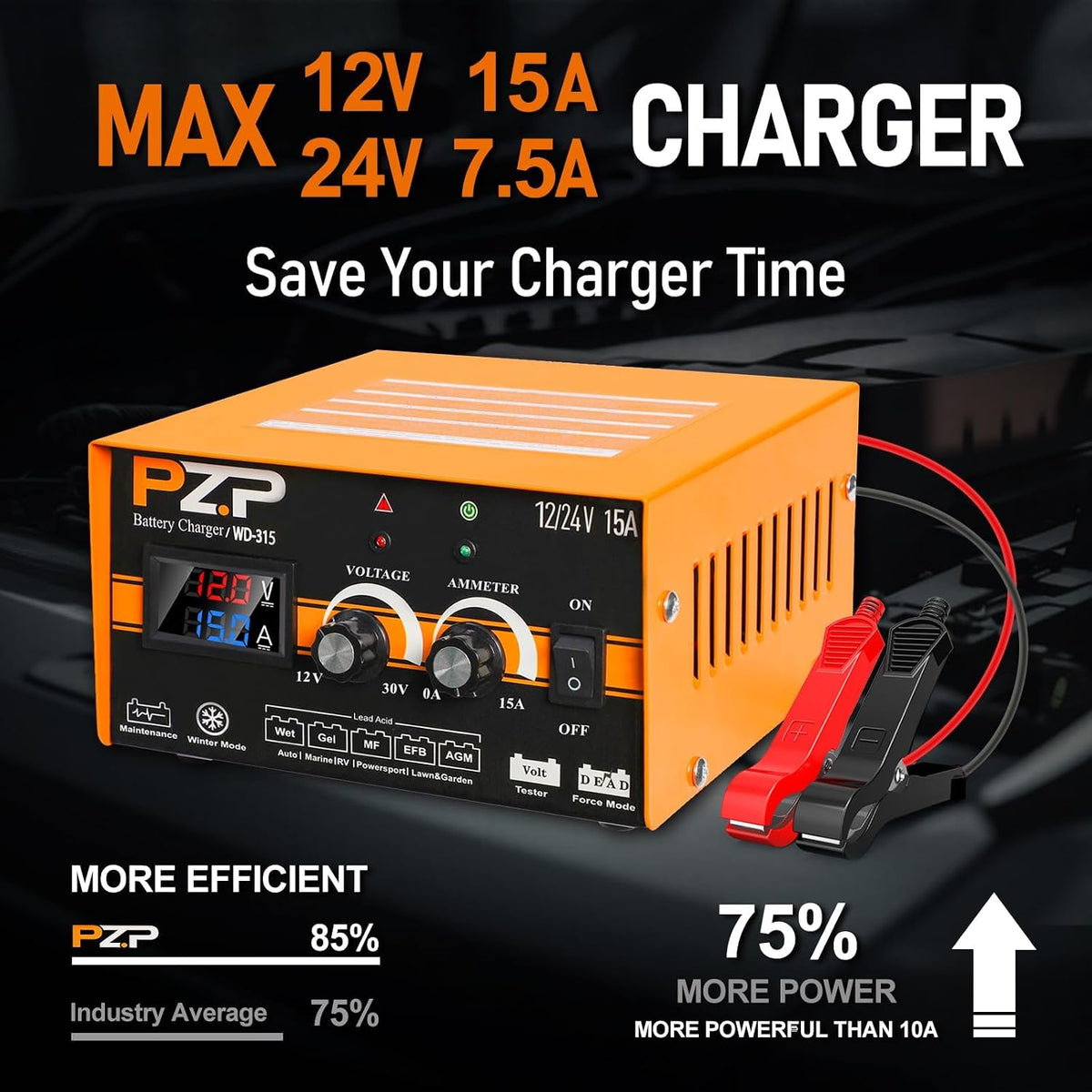 PZP 0-15Amp12V 24V Manual Battery Charger Maintainer，Arbitrarily Adjustable