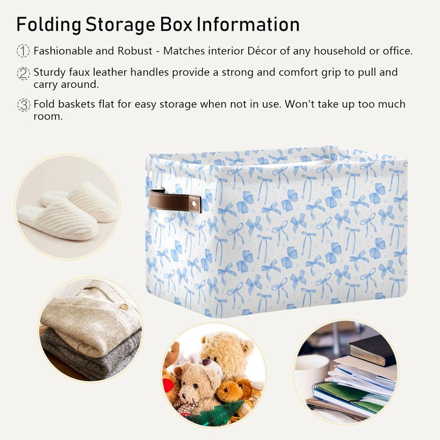 Blueangle Blue Ribbon Bow Rectangle Storage Bin, 15 x 11 x 9.5 in, Collapsible Organizer Storage Basket for Home Décor, 2PCS