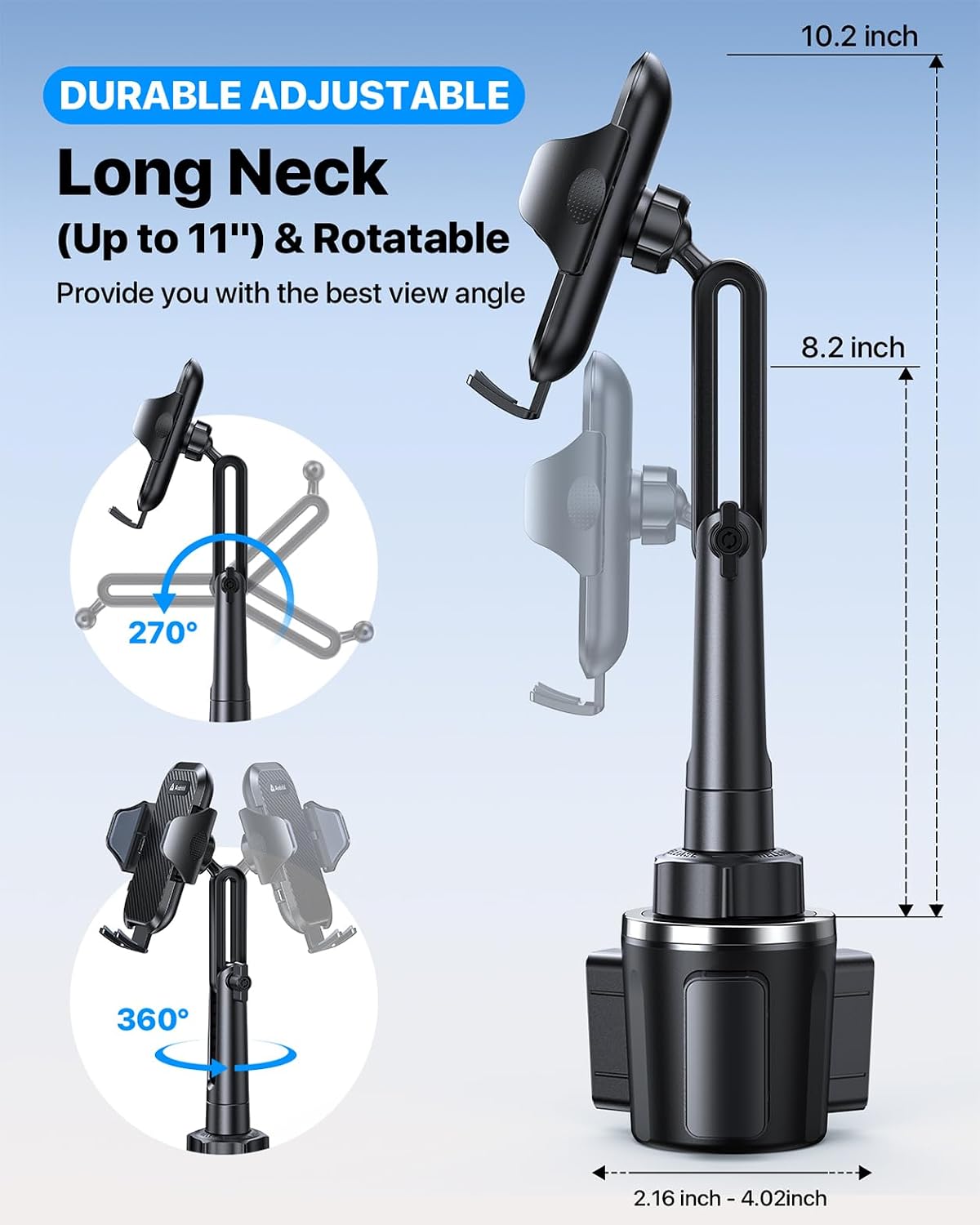 andobil [Upgrade Version Cup Phone Holder for Car Universal Adjustable Long Neck Car Phone Mount Cradle Friendly Compatible with iPhone Samsung Google and All 4.0-7.0 inches Smartphones