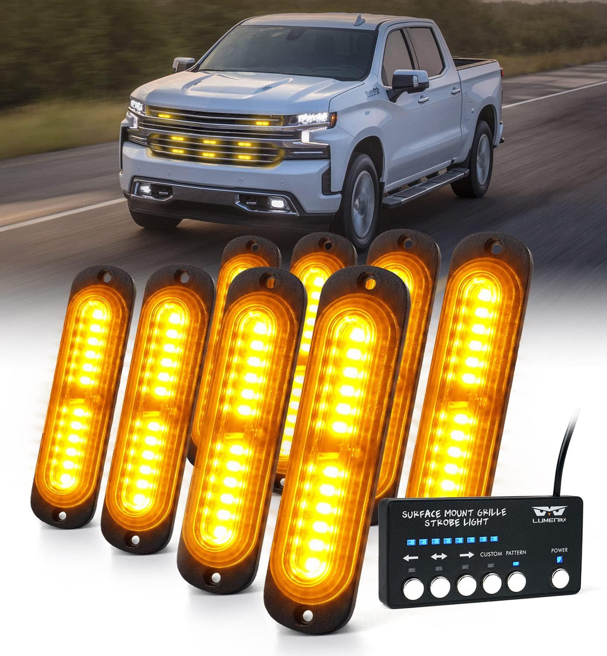 LUMENIX White Amber LED Surface Mount Strobe Flashing Lights Kit w/Controller 8PCS Grille Side Marker Emergency Warning Caution Light Assemblies for Construction Vehicles Trucks, Traffic| Sync Feature